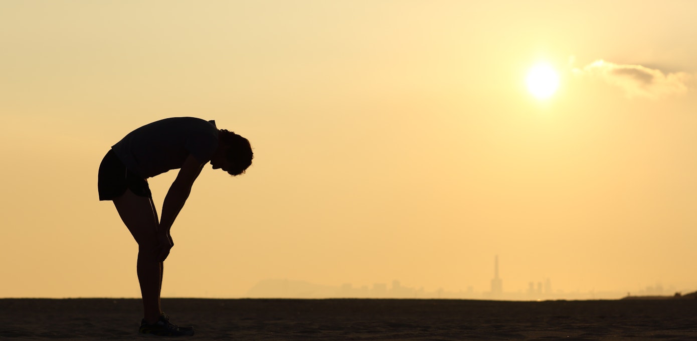 An image depicting a person suffering from shortness of breath after 1 flight of stairs symptoms